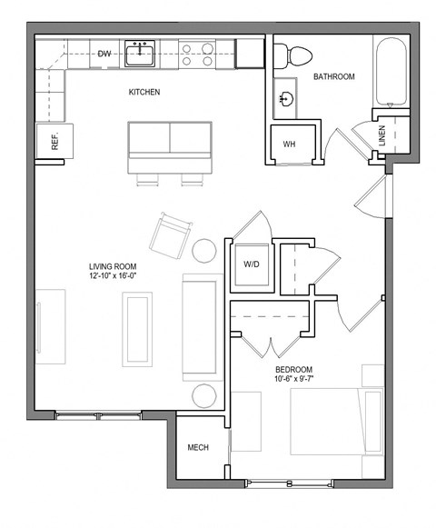 Floor plan for 1 bed, 1 bath, 674 sqft